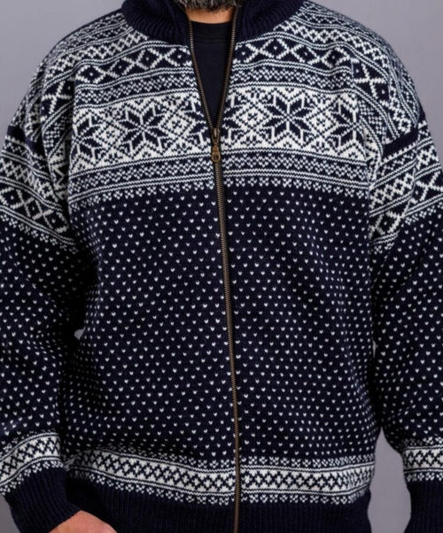 Norsk strik Cardigan i uld  - Mørkeblå med fliskrave - unisex 