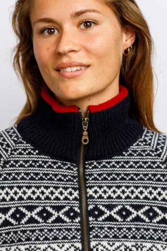Norsk  strik Cardigan i uld  - Mørkeblå med rød fliskrave - slim fit