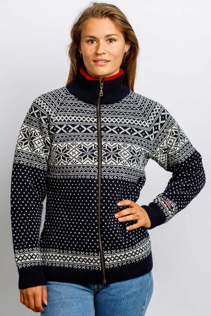Norsk uldsweater / Cardigan  / Mørkeblå/ rød fliskrave