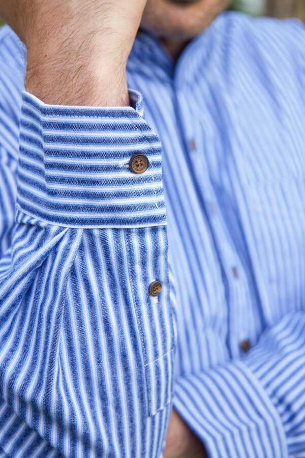 Vintage Cotton Grandfather Shirt - Blå Stribe / Made in Ireland