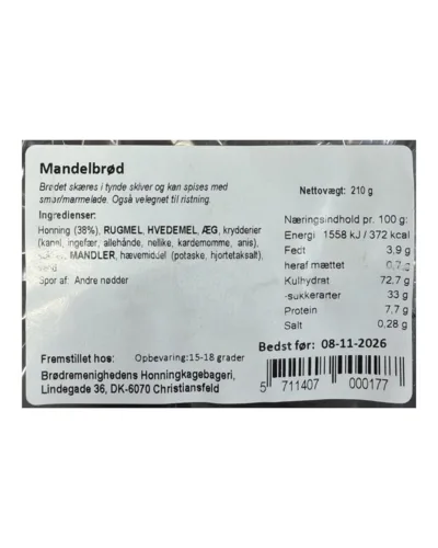 Honningkage med mandler / mandelbrød – varedeklaration (bagside)