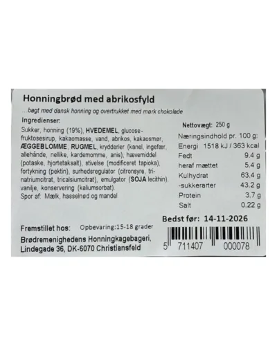 Honningbrød med abrikosfyld – varedeklaration (bagside)