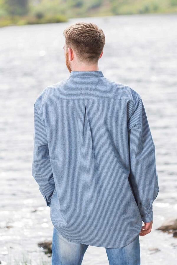 Vintage Cotton Grandfather Shirt - Blå med Hvid Stribe 