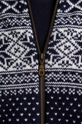 Norsk strik Cardigan i uld  - Mørkeblå med fliskrave - unisex