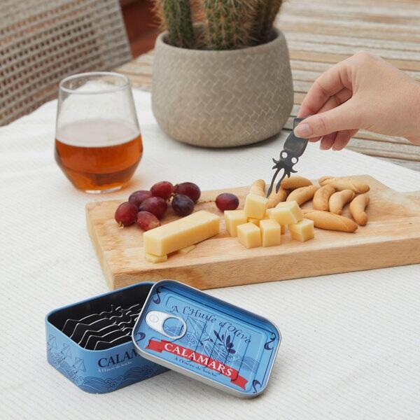 Calamars, sæt med 6 snackgafler i retro design inspireret af dåseblæksprutter