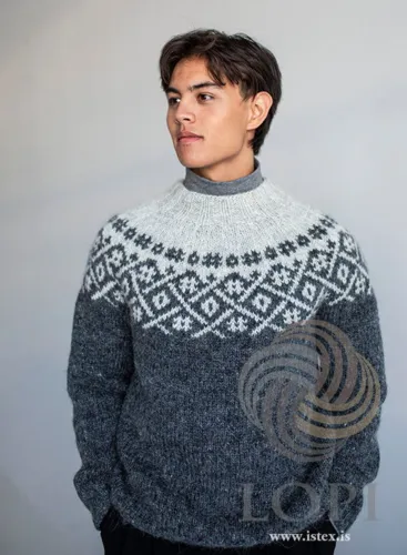 42-1 Hashtag Strikkeopskrift sweater i Plötulopi (pladegarn) trykt