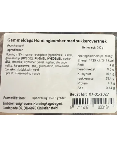Honningbomber med sukker – varedeklaration (bagside)
