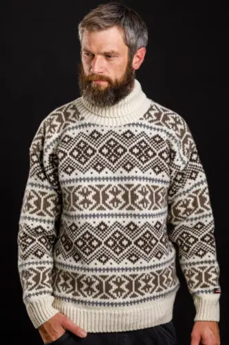 Færøsk sweater / Islænder, rullekrave / Råhvid & brun / Norwool