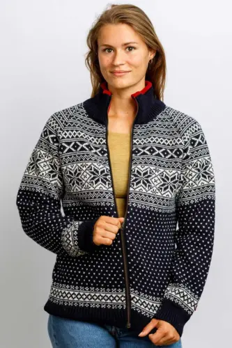 Norsk  strik Cardigan i uld  - Mørkeblå med rød fliskrave - slim fit