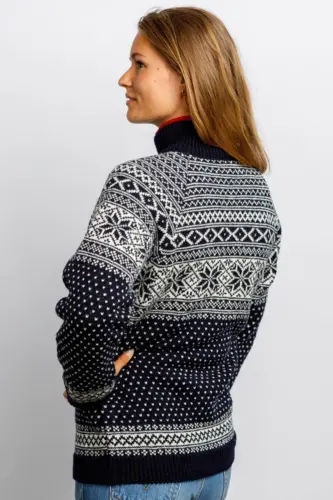 Norsk  strik Cardigan i uld  - Mørkeblå med rød fliskrave - slim fit