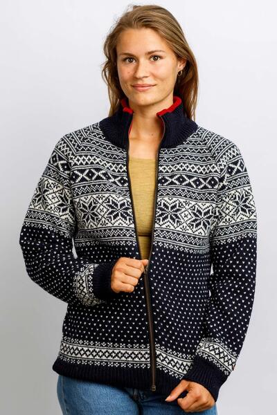 Norsk uldsweater / Cardigan  / Mørkeblå/ rød fliskrave