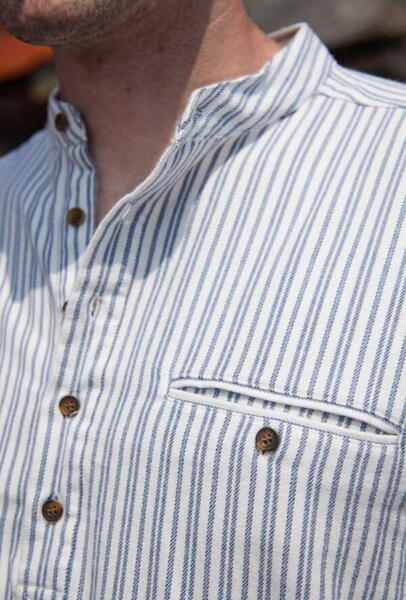 Vintage Cotton Grandfather Shirt - Navy Blue Stripe on Ivory