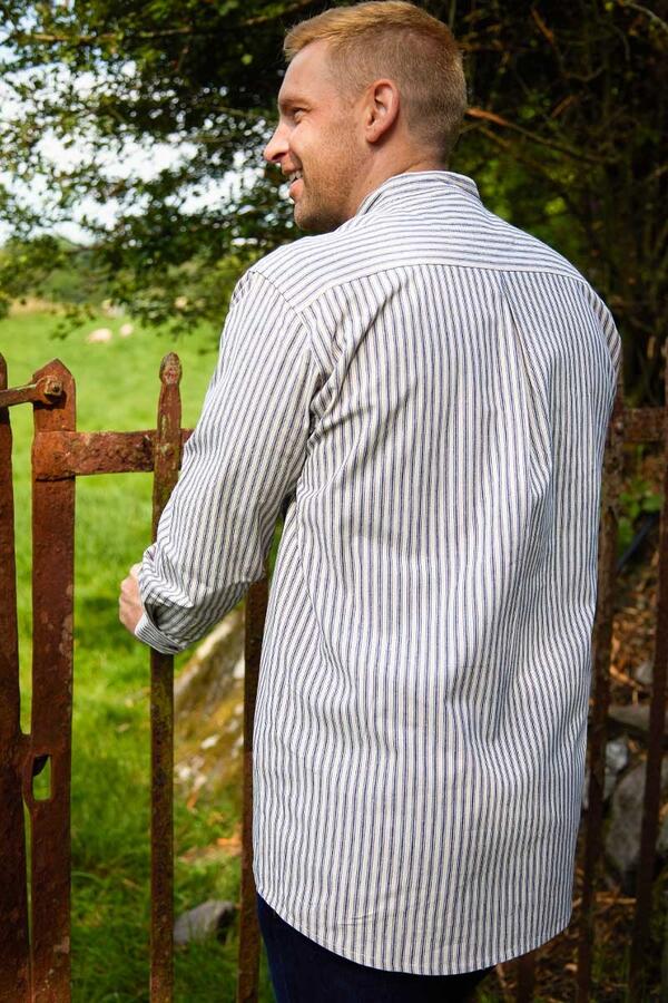 Vintage Cotton Grandfather Shirt - Navy Blue Stripe on Ivory