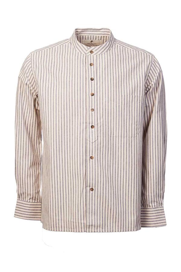 Vintage Cotton Grandfather Shirt - Navy Blue Stripe on Ivory