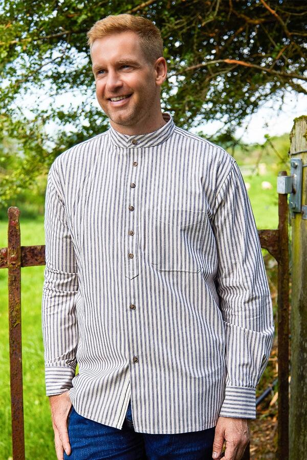 Vintage Cotton Grandfather Shirt - Navy Blue Stripe on Ivory