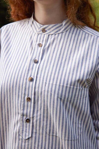 Vintage Cotton Grandfather Shirt - Navy Blue Stripe on Ivory