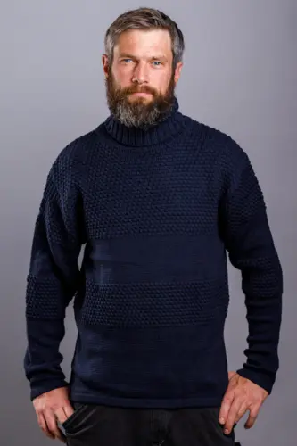 Nyhavn sweater / Høj hals, fiskermønster / Navy / Fuza Wool