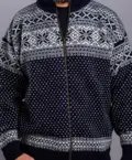 Norsk strik Cardigan i uld  - Mørkeblå med fliskrave - unisex