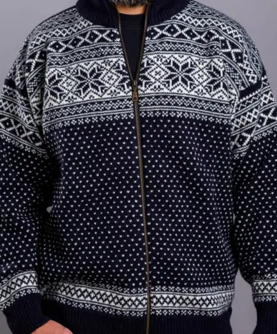Norsk strik Cardigan i uld  - Mørkeblå med fliskrave - unisex