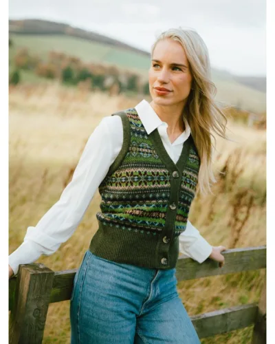 Kinross Waistcoat Éribe – Loden | Fair Isle vest i 100% superfine lammeuld