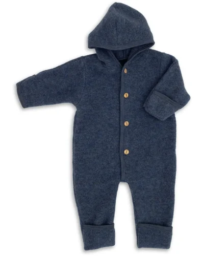 Babydragt med hætte og træknapper / Uldfleece / Blå meleret / Engel Natur
